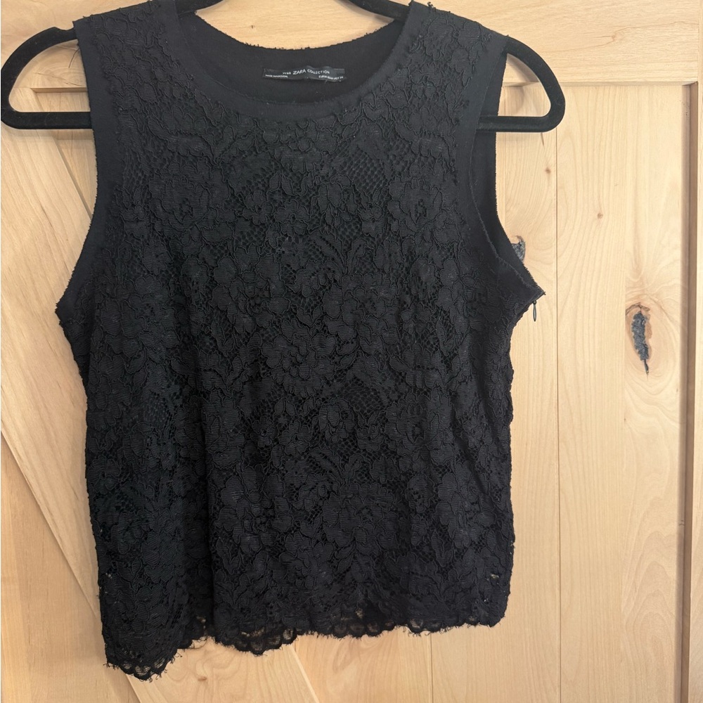 Zara Black Lace Sleeveless Top, Fully Lined - Size Medium